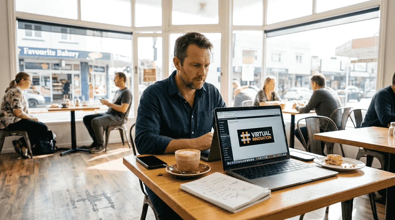 Business owner updating website in Auckland café