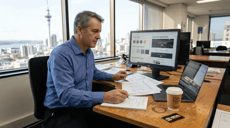 Business owner reviewing website redesign options