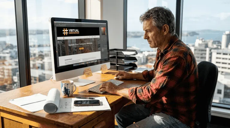 Builder updating company website at sunny desk