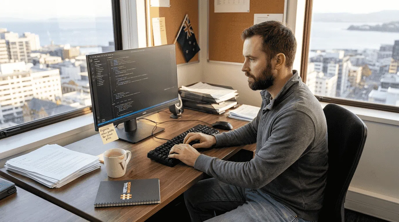 Developer coding in NZ office with city view