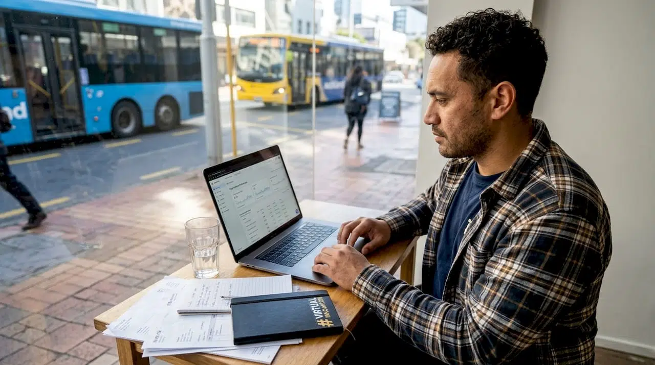 NZ business owner updating website at glass storefront