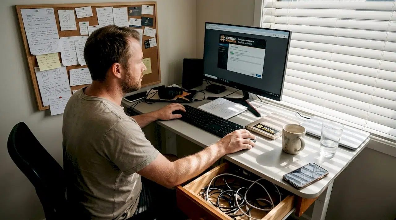 Administrator setting up website backup at desk