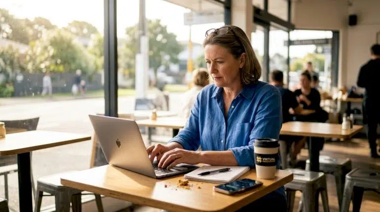 Business owner drafting website content in Auckland café