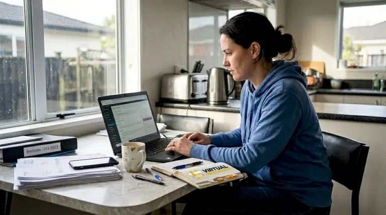 Business owner updating website in home office