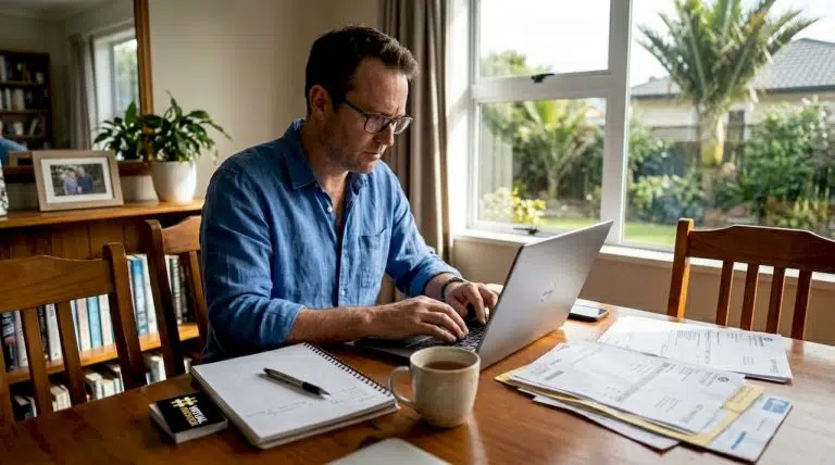 Business owner reviewing website at kitchen table