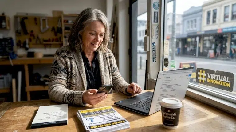 NZ business owner using Google on laptop