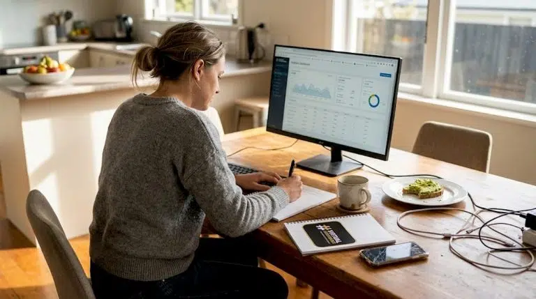 Web designer reviewing analytics in home kitchen