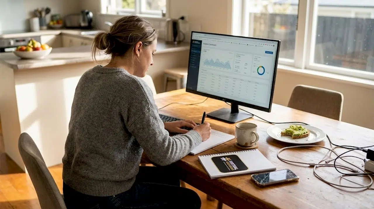 Web designer reviewing analytics in home kitchen