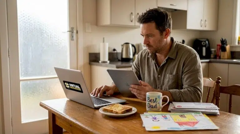 Small business owner blogging at kitchen table