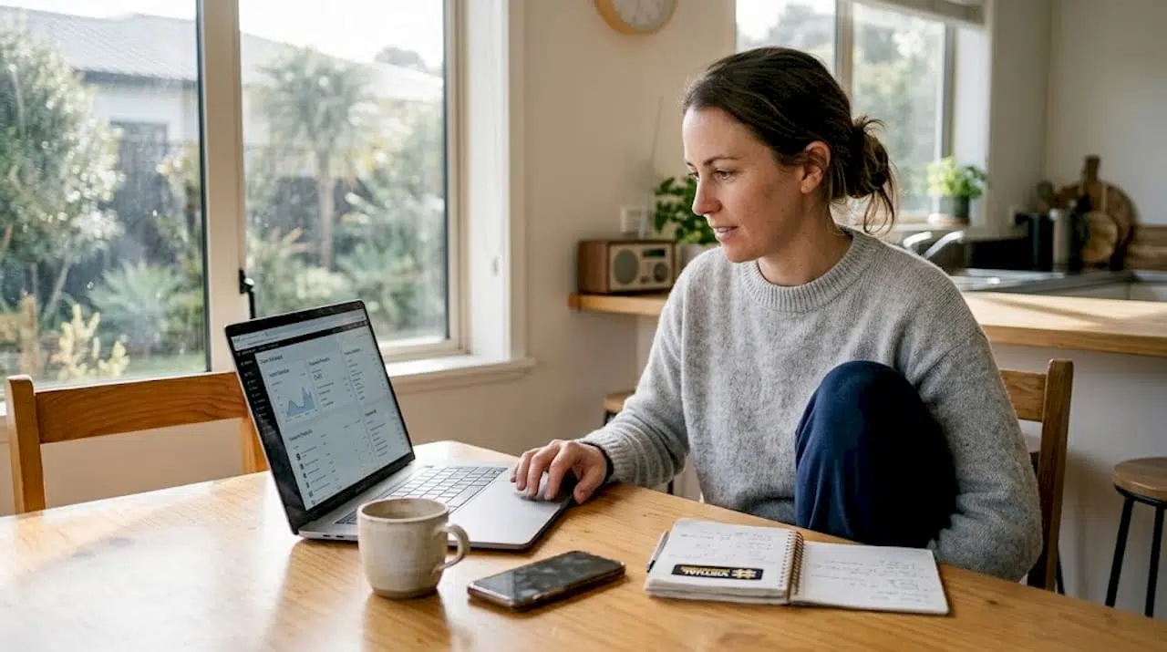 NZ business owner reviewing website on laptop