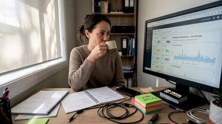 Home office with website speed dashboard and owner